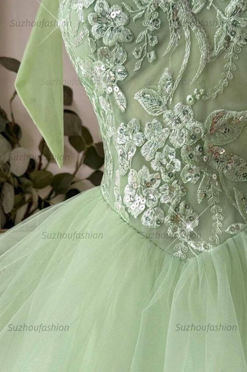 Sage Green Sweetheart Lace Corset Mini Homecoming Dress Bow Straps & Tiered Tulle