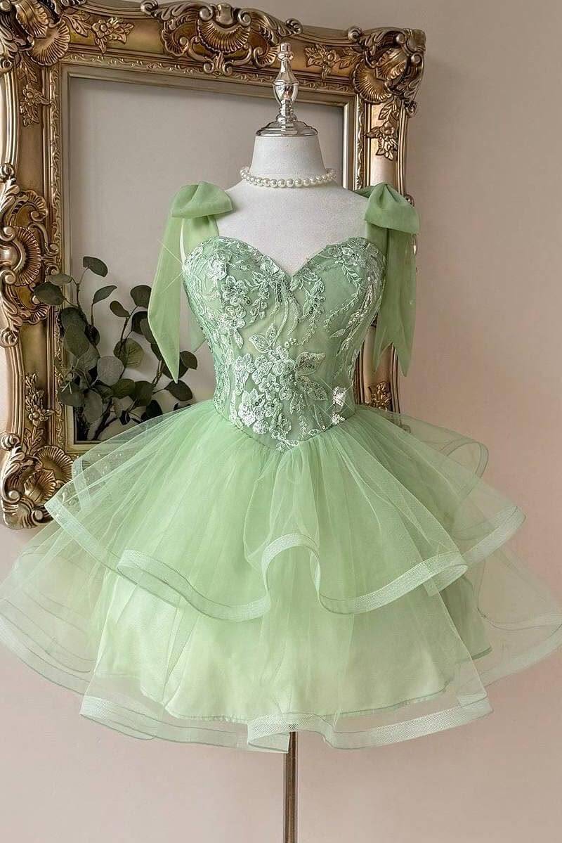 Sage Green Sweetheart Lace Corset Mini Homecoming Dress Bow Straps & Tiered Tulle