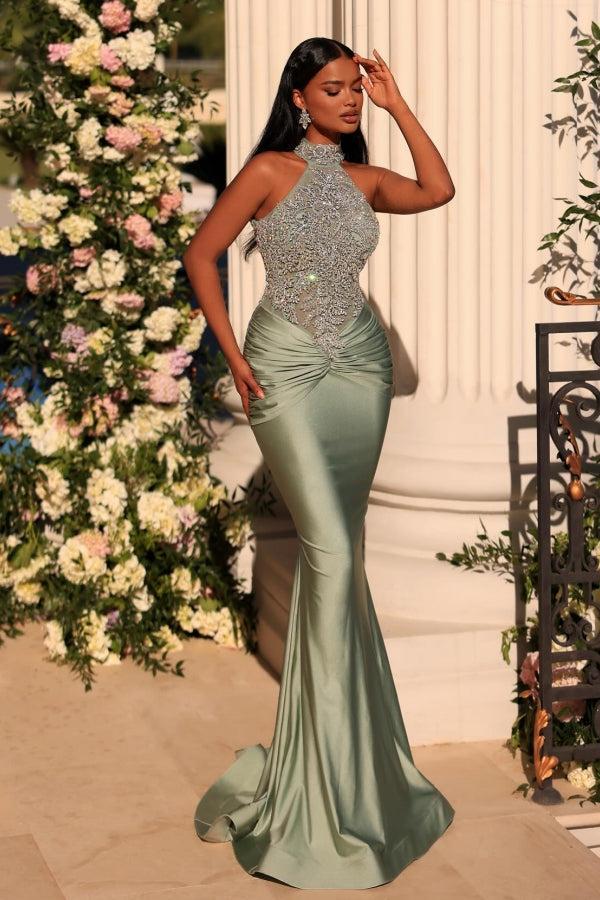 Sage Prom Dress Mermaid High Neck Sleeveless Lace Formal Dress