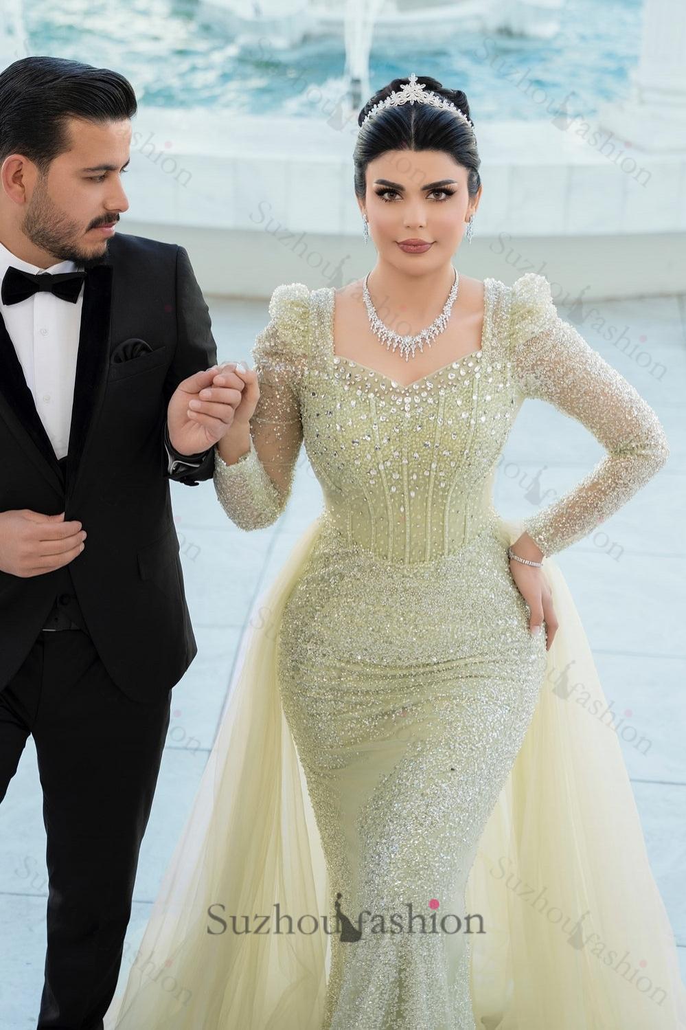 Sage Prom Dress Mermaid Square Sleeves Sequined Panel Train Tulle Formal Dress With Rhinestones