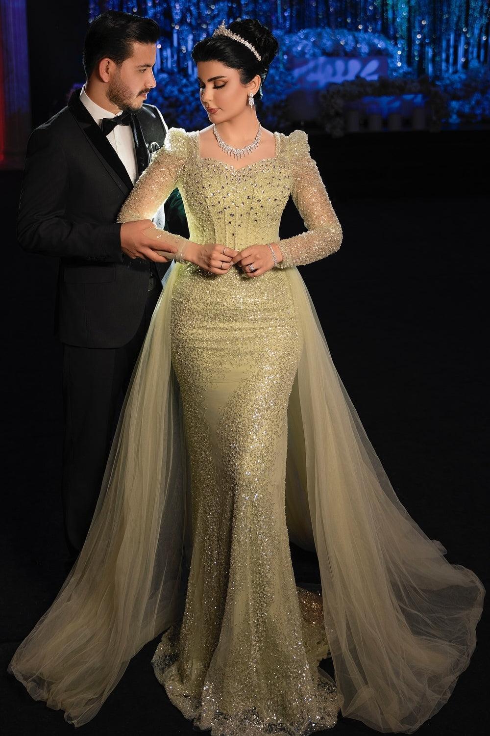 Sage Prom Dress Mermaid Square Sleeves Sequined Panel Train Tulle Formal Dress With Rhinestones