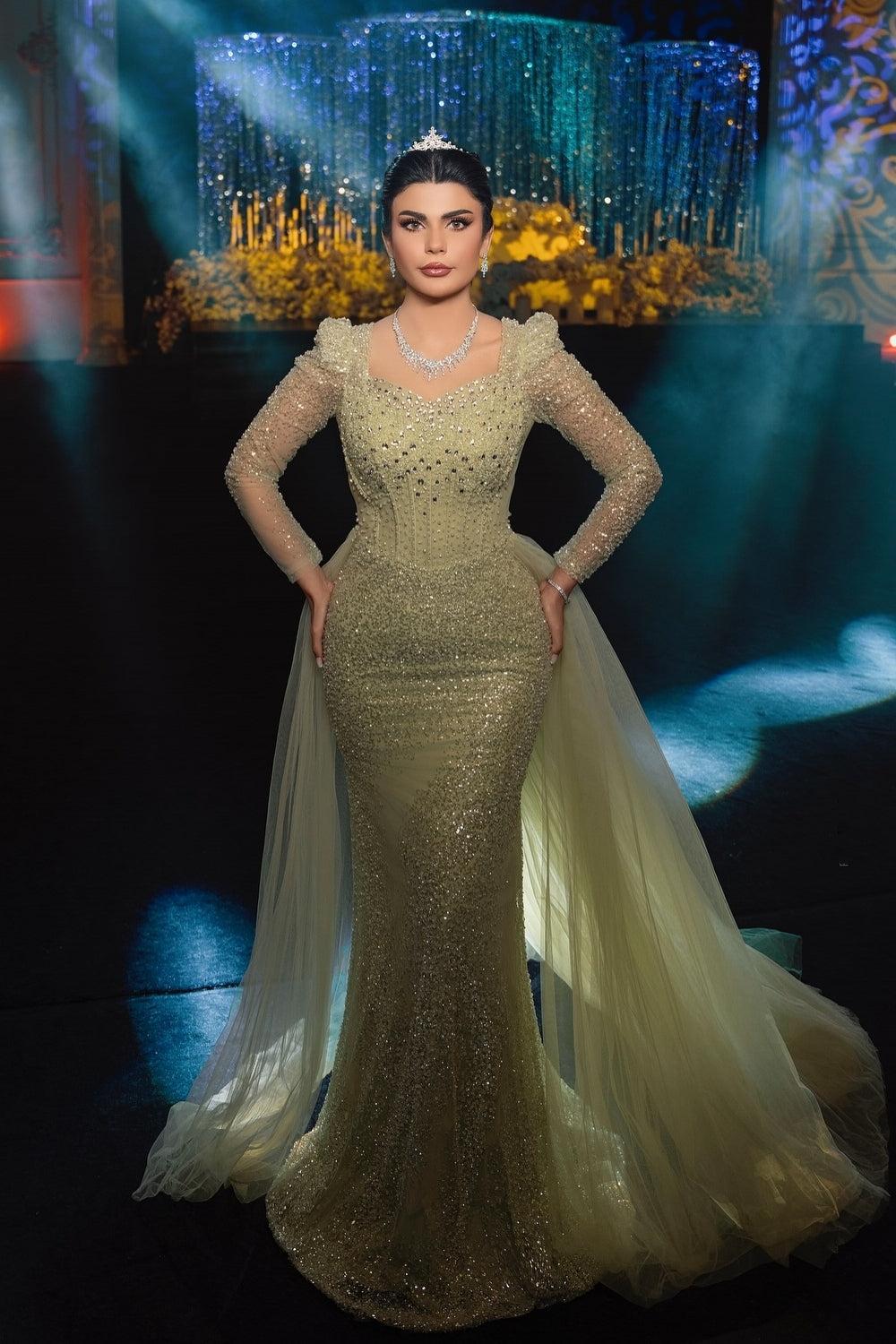 Sage Prom Dress Mermaid Square Sleeves Sequined Panel Train Tulle Formal Dress With Rhinestones