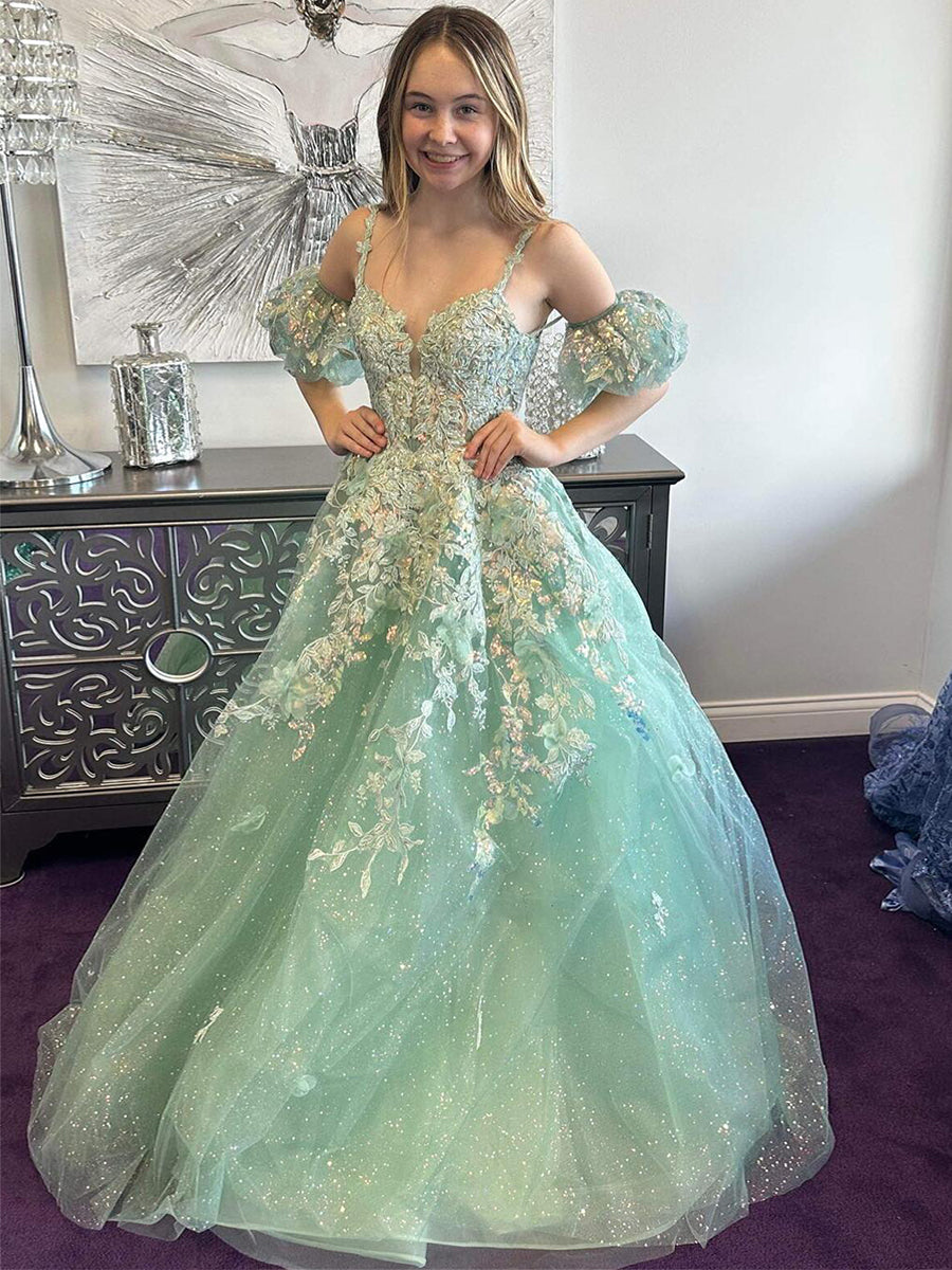 Sage Green Floral Glitter Tulle Prom Dress with Puff Sleeves - VelvetHem