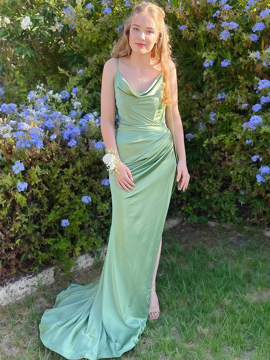 Sage Green Ruched Waist Satin Cowl Neck Prom Dress with High Slit - VelvetHem