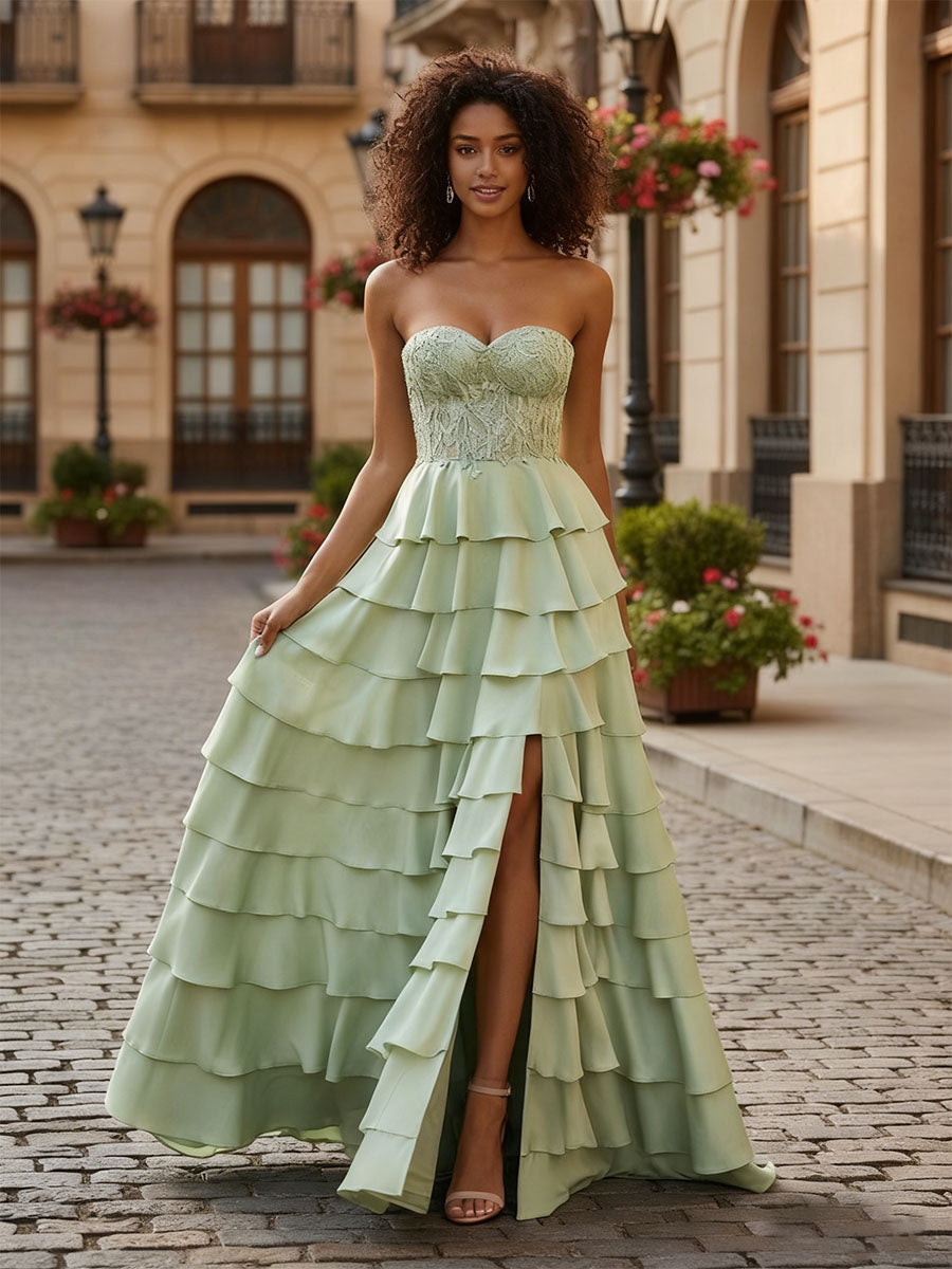 Sage Green Strapless Tiered Ruffle Prom Dress with Floral Lace Bodice - VelvetHem