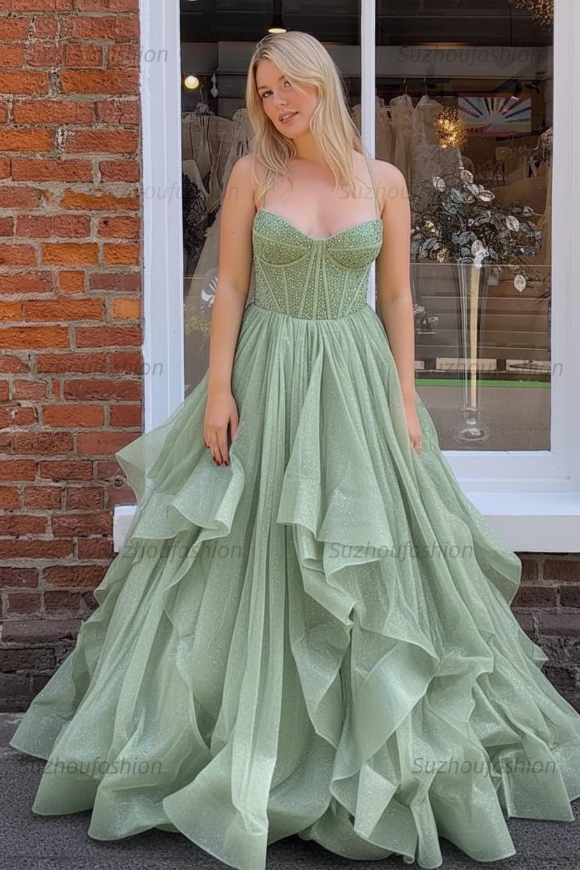 Dark Green A Line Long Corset Prom Dress With Ruffles