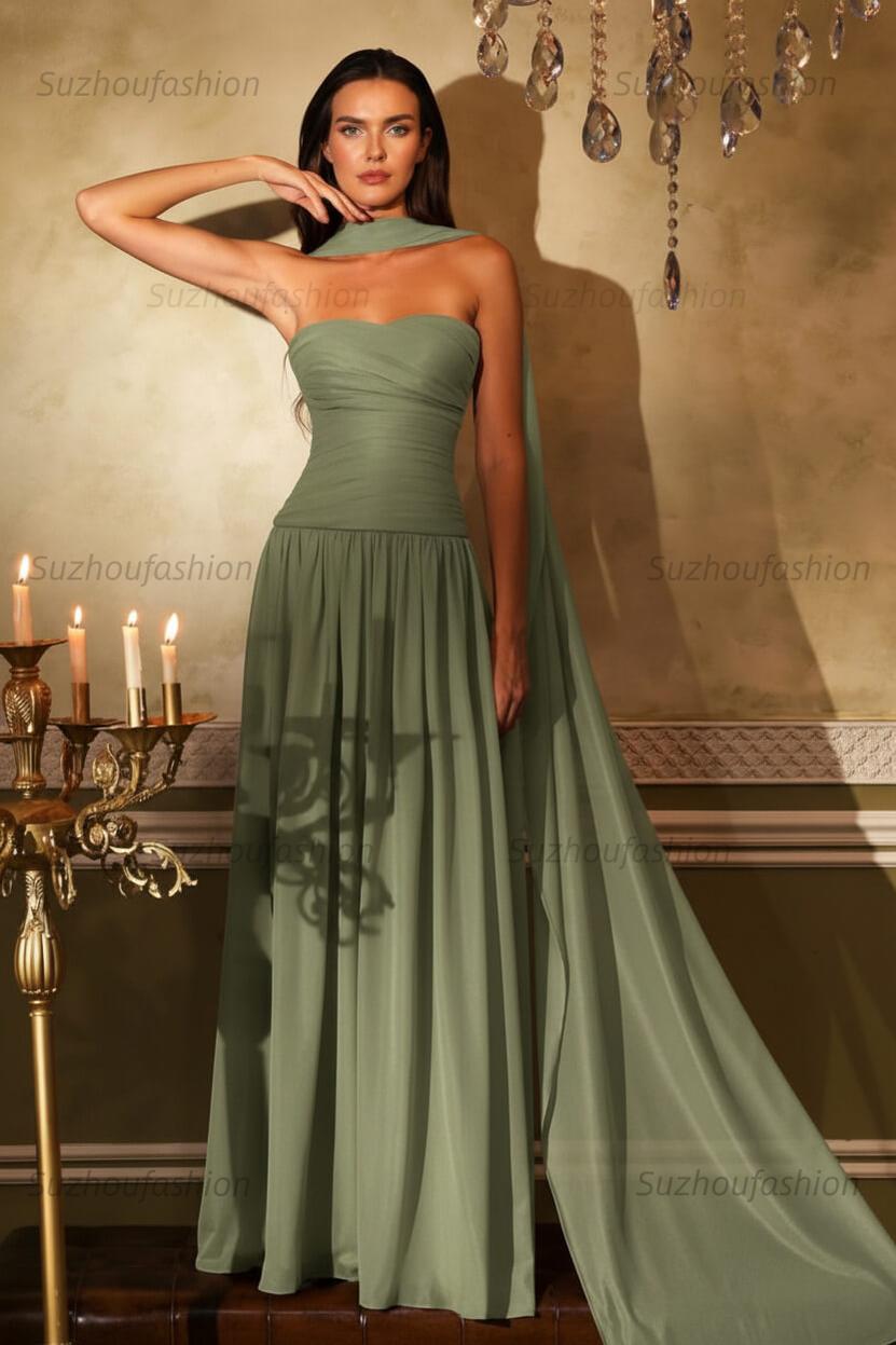 Chiffon Strapless Sleeveless Long Evening Formal Dress With Ruffled Pleated