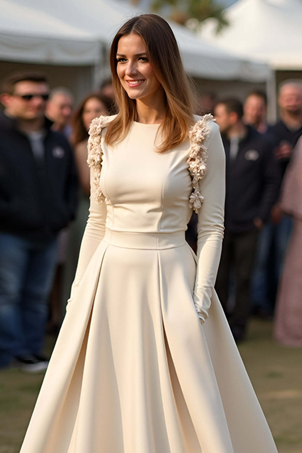 Satin A Line Apricot Wedding Guest Dress Gala Dress With Long Sleeves