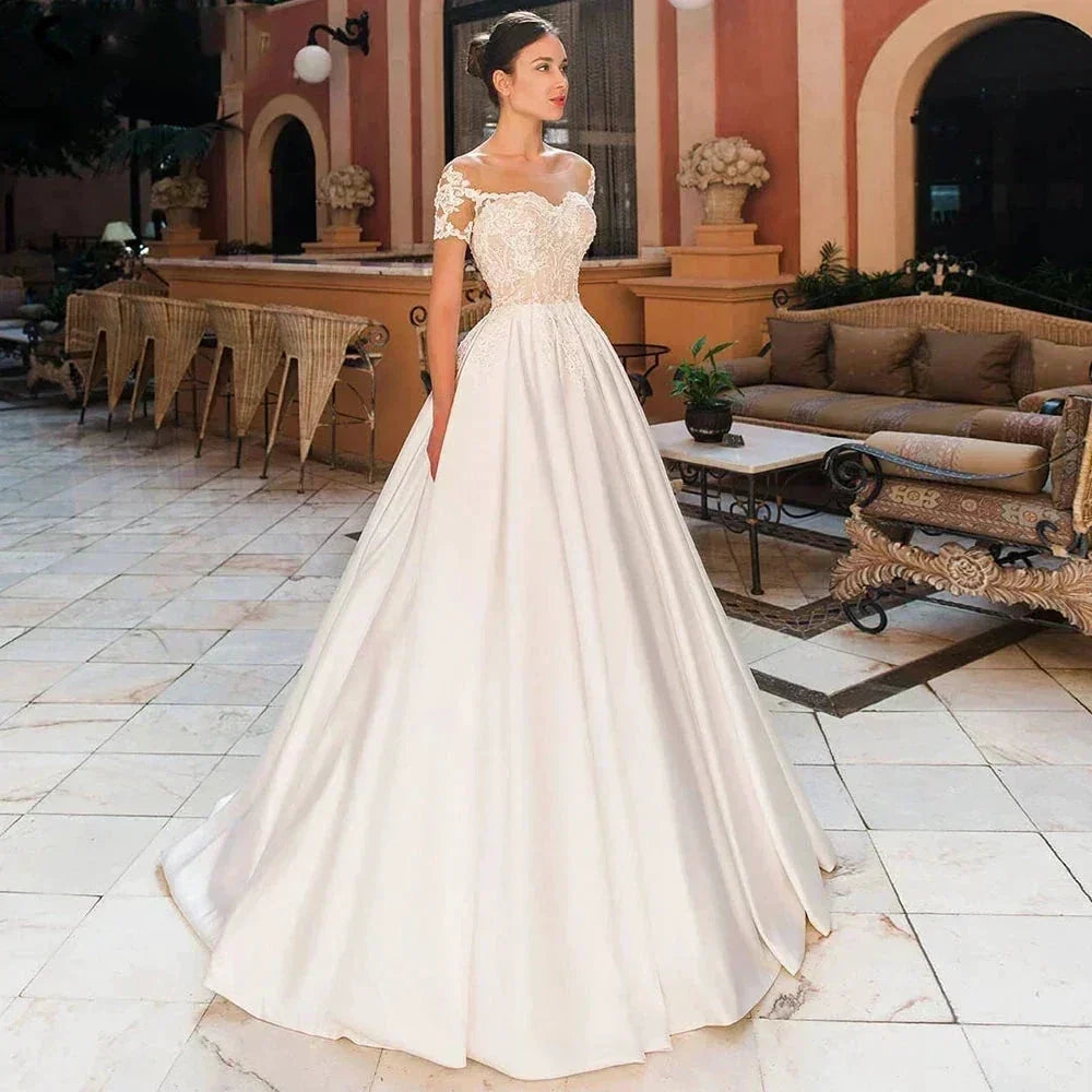 Satin A-Line Decal Wedding Dresses Women's Sweetheart Off Shoulder Button Backless Robe De Mar�e Lace Bridal Gowns With Pockets (ZD14173) - VelvetHem