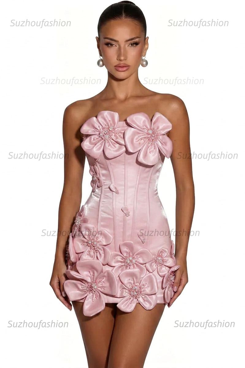 Satin Bodycon Mini Homecoming Dress with 3D Flowers