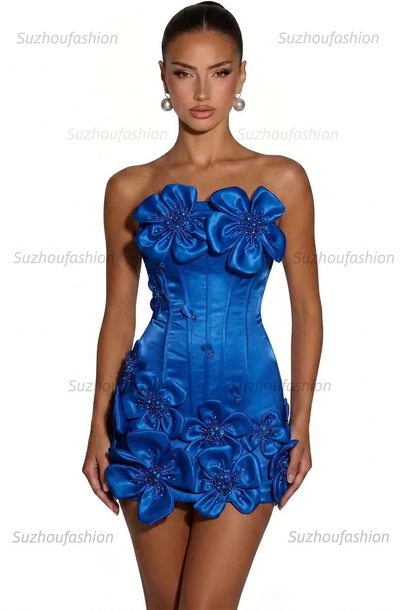 Satin Bodycon Mini Homecoming Dress with 3D Flowers