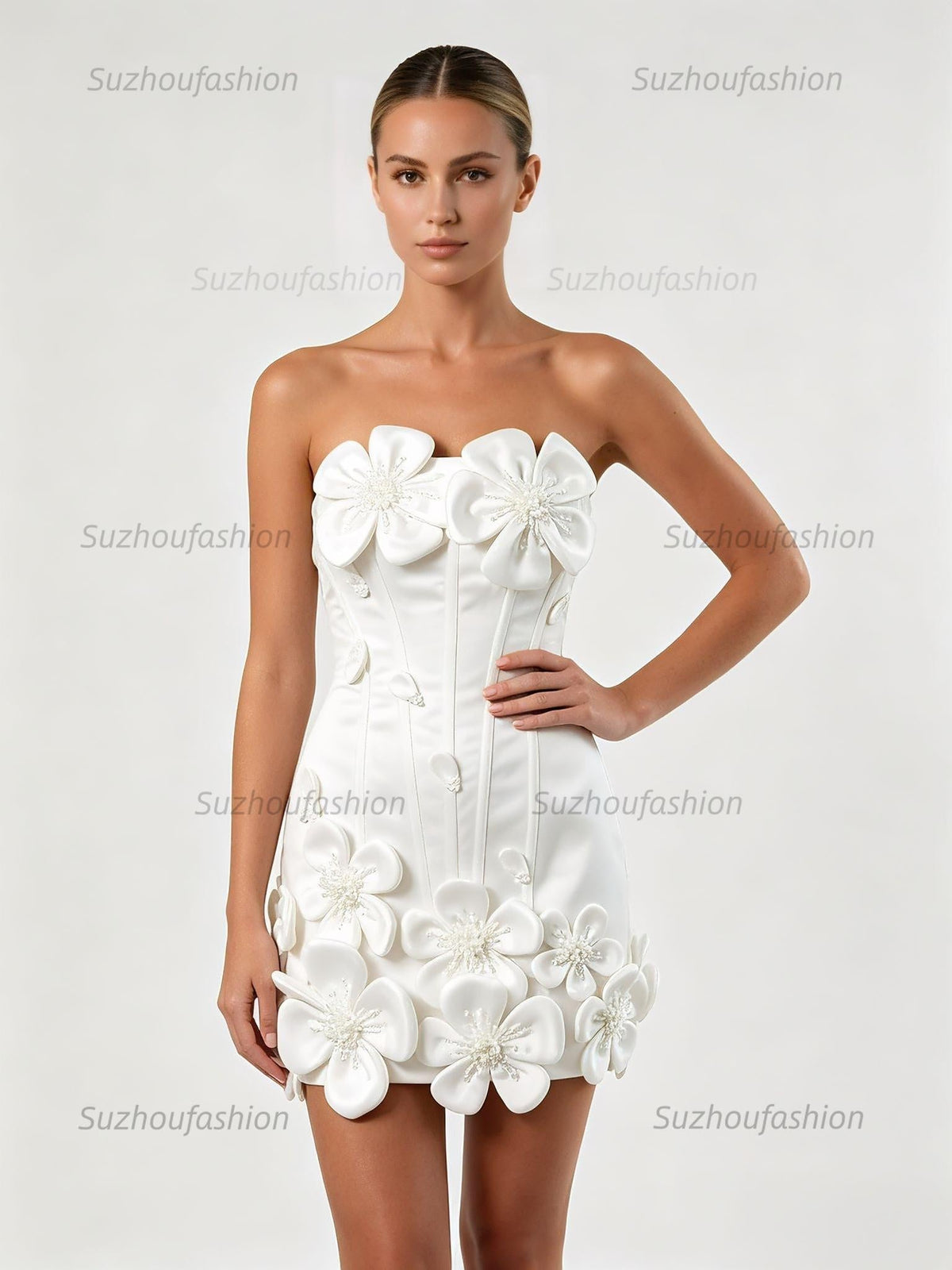 Satin Bodycon Mini Homecoming Dress with 3D Flowers