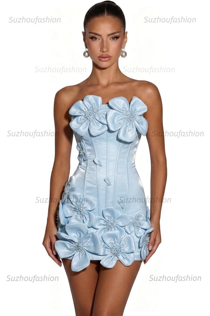 Satin Bodycon Mini Homecoming Dress with 3D Flowers