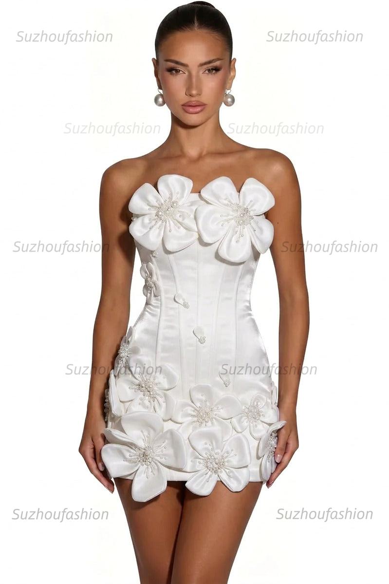 Satin Bodycon Mini Homecoming Dress with 3D Flowers