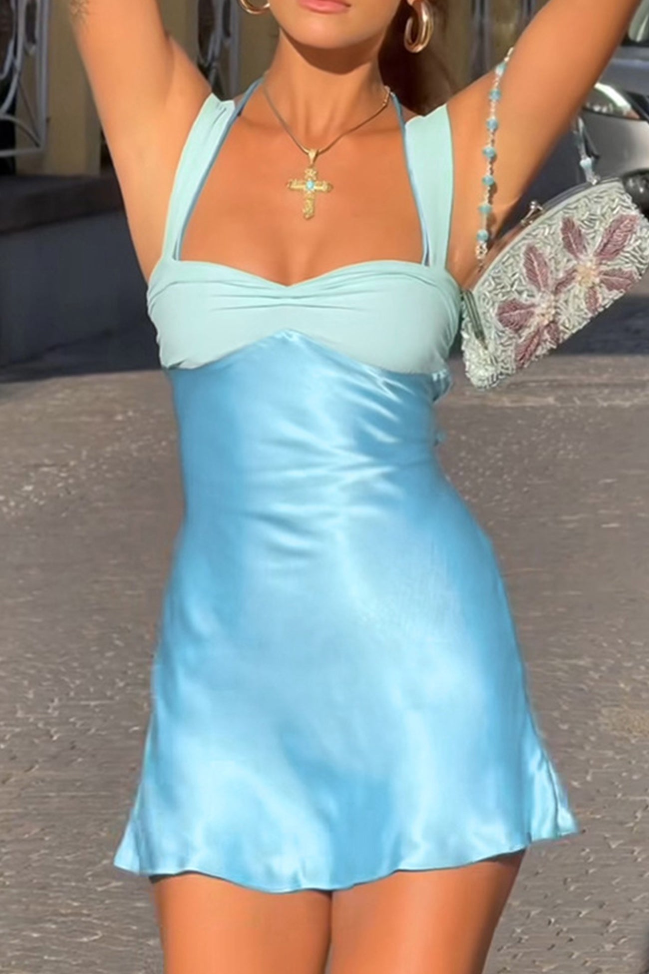 Satin Contrast Color Tie up Cami Dress