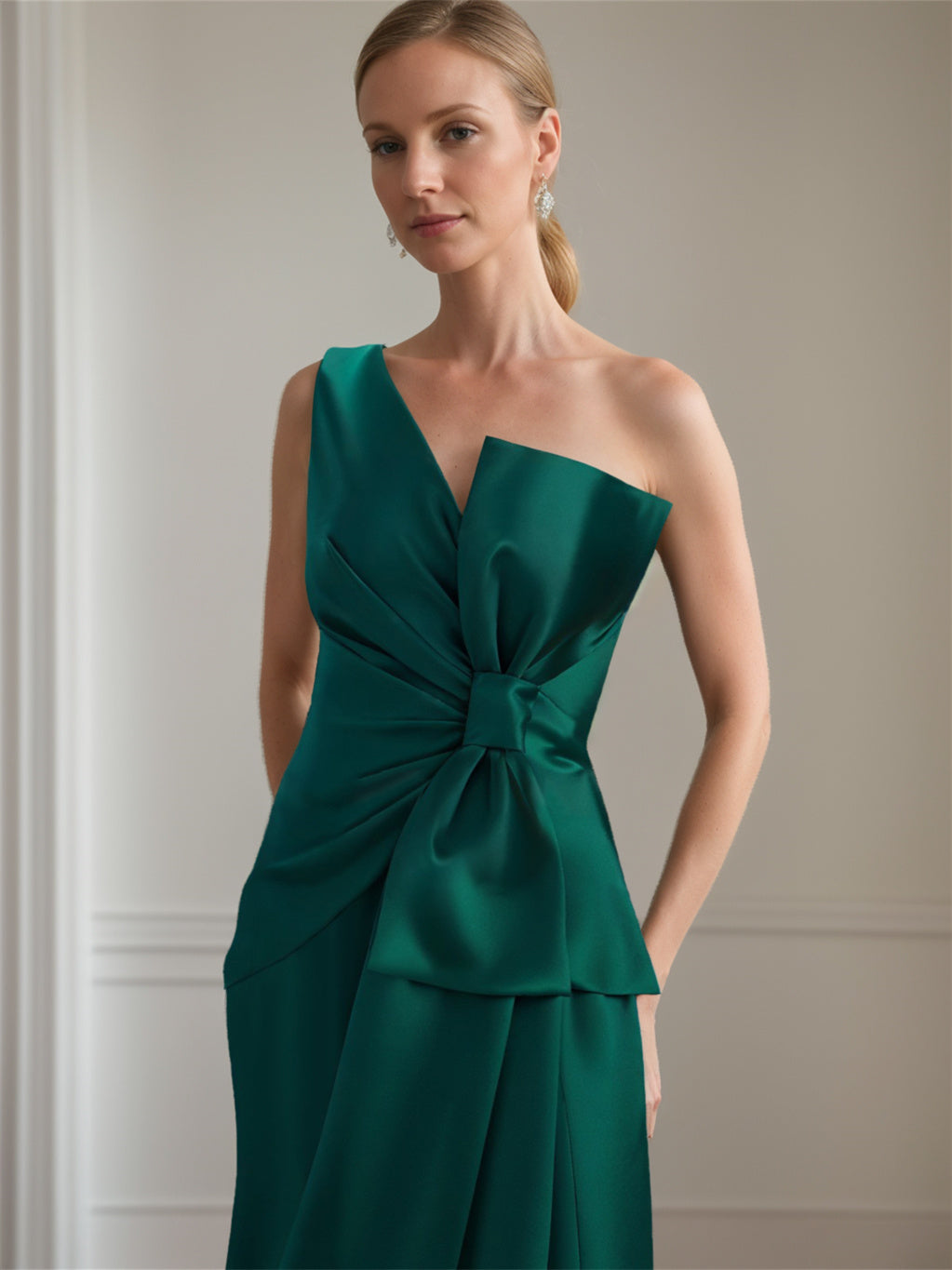 Satin Long Sleeveless One Shoulder Bow Gown for the Mother of the Bride