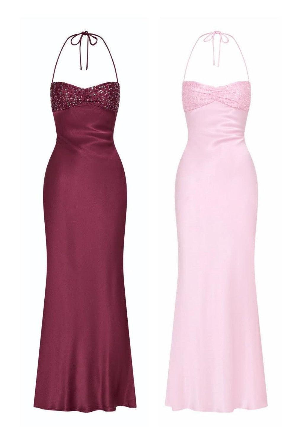Suzhoufashion Satin Halter Neck Lace Up Long Prom Party Dress With Sequin Formal Evening Gown