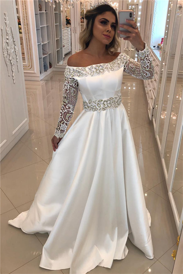 Satin Long Sleeve Wedding Dresses Online | Off The Shoulder Sexy Beading Appliques Bridal Gowns