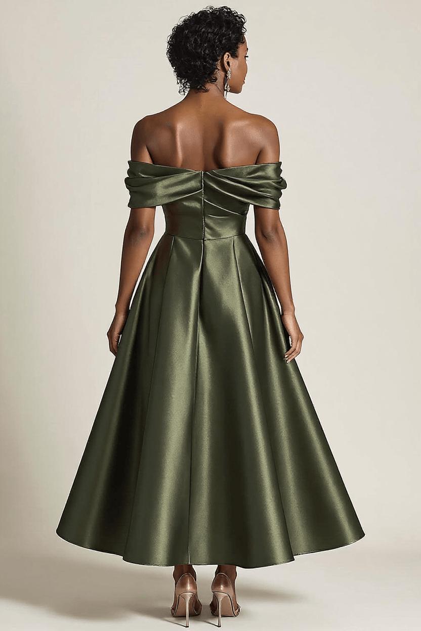 Satin Olive Wedding Guest Dress A-Line Off The Shoulder Ruched Ankle Length Formal Dress