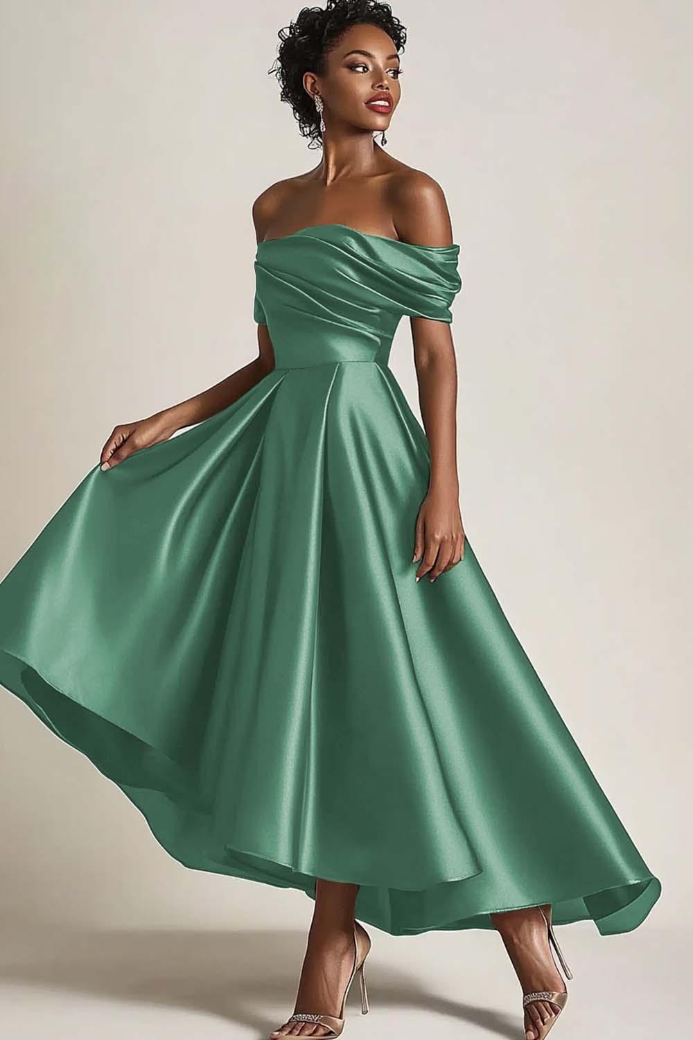 Satin Olive Wedding Guest Dress A-Line Off The Shoulder Ruched Ankle Length Formal Dress