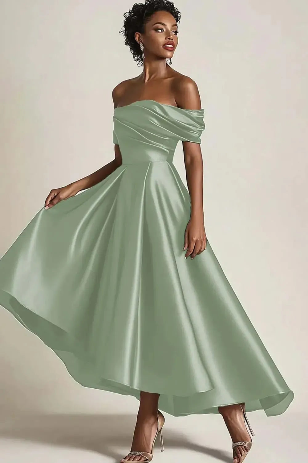 Satin Olive Wedding Guest Dress A-Line Off The Shoulder Ruched Ankle Length Formal Dress