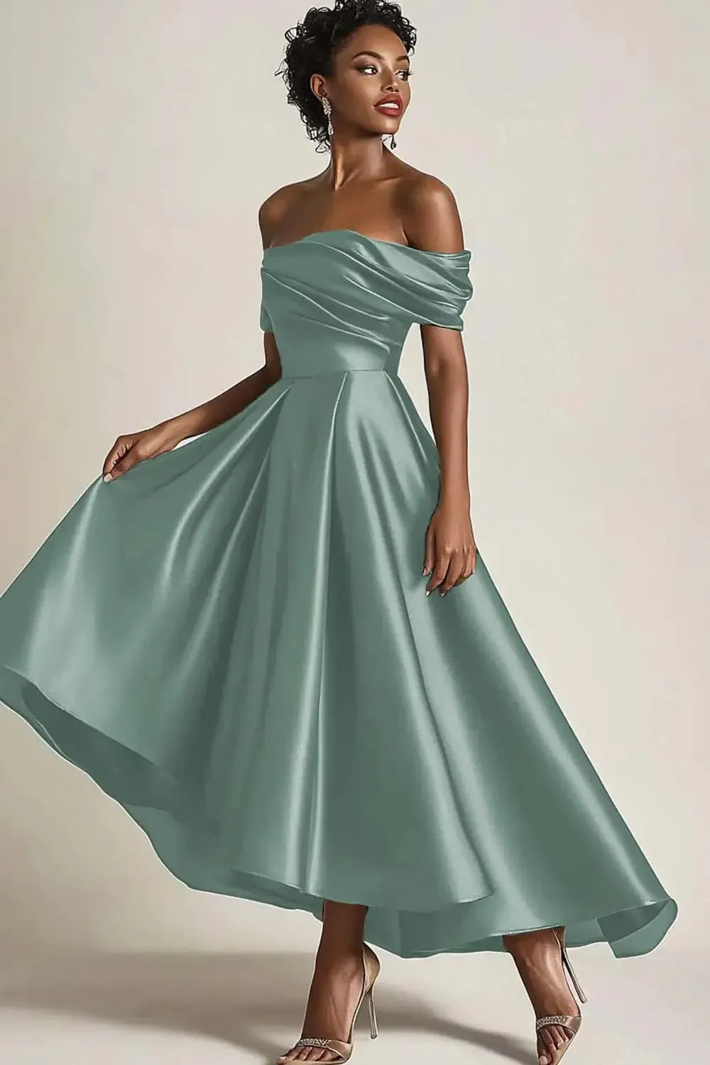 Satin Olive Wedding Guest Dress A-Line Off The Shoulder Ruched Ankle Length Formal Dress