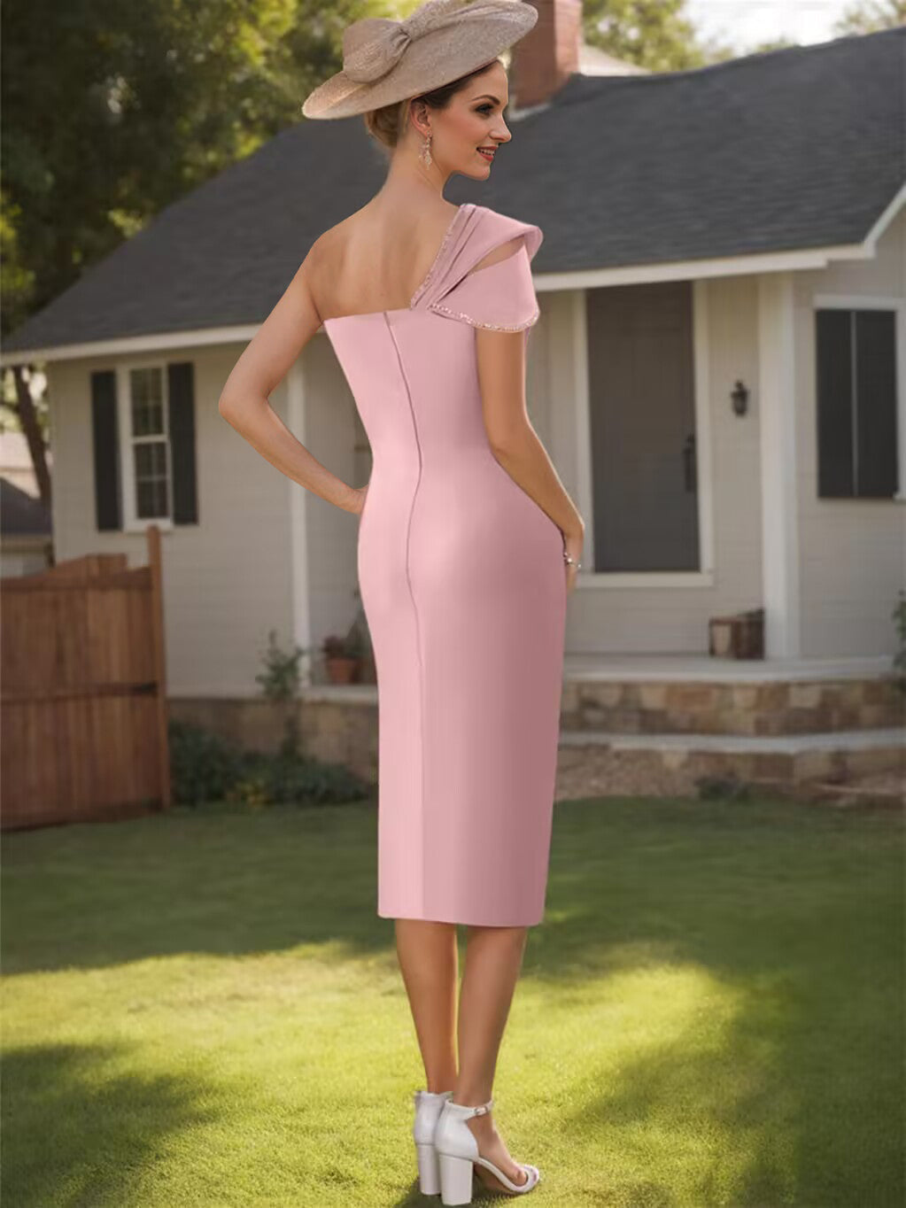 Satin One Shoulder Knee Length Mother of the Bride Dress with Beading