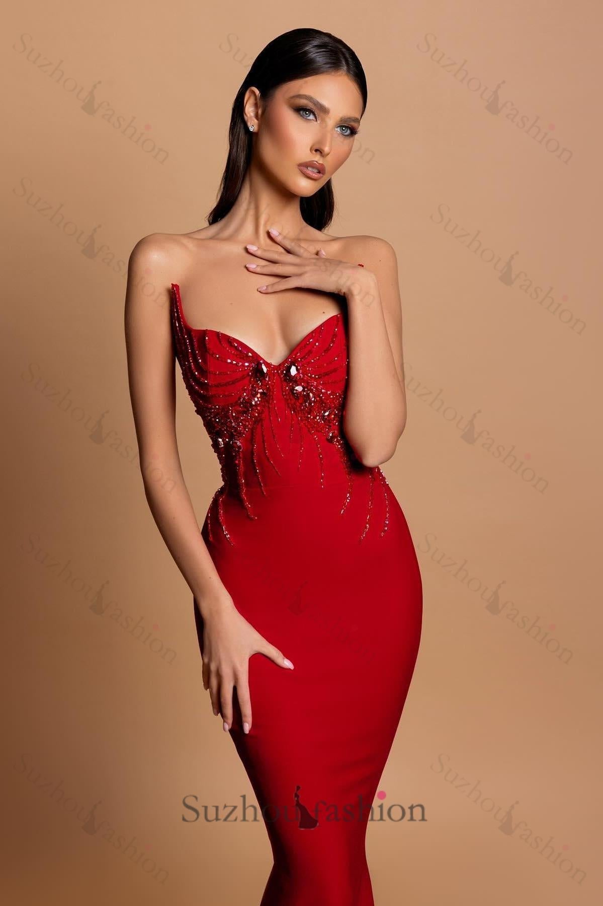 Satin Sleeveless Mermaid Sweetheart Rhinestone Formal Dress