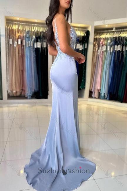 Satin Spaghetti Straps Prom Dress Sleeveless Formal Dress With Appliques Split