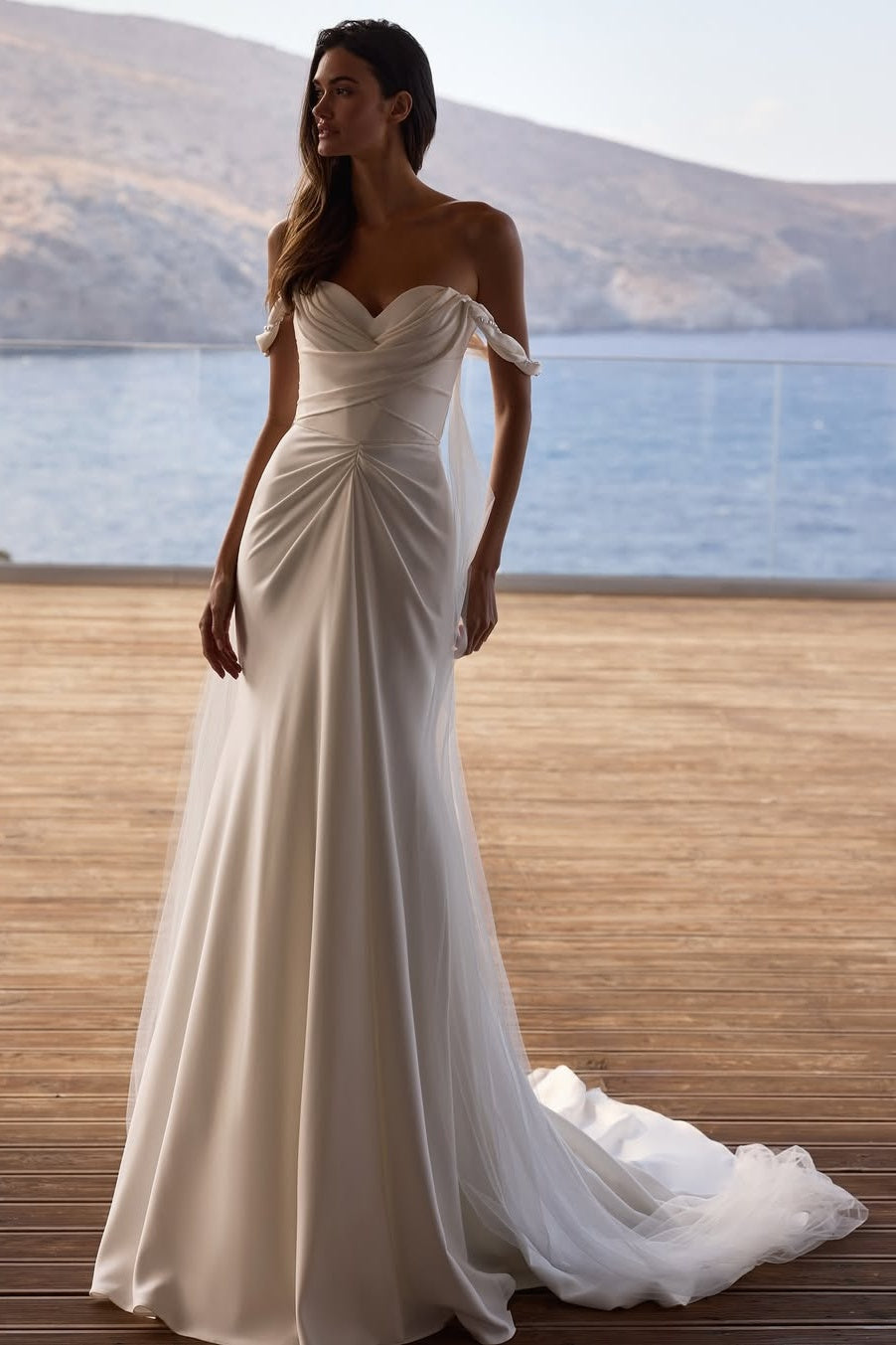 Satin Tulle Wedding Dress Off the Shoulder Sheath/Column Solid Bridal Gown