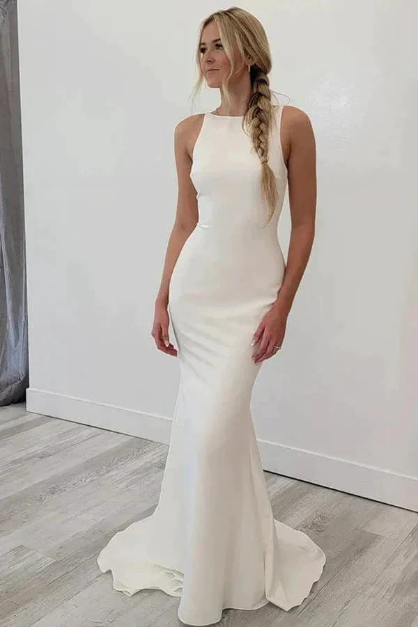 Satin Mermaid Open Back Beach Wedding Dresses Simple Bridal Gowns (ZD16166) - VelvetHem