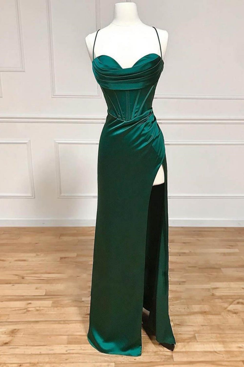 Satin Mermaid Spaghetti Straps Lace Up Dark Green Long Prom Dress With Split - VelvetHem
