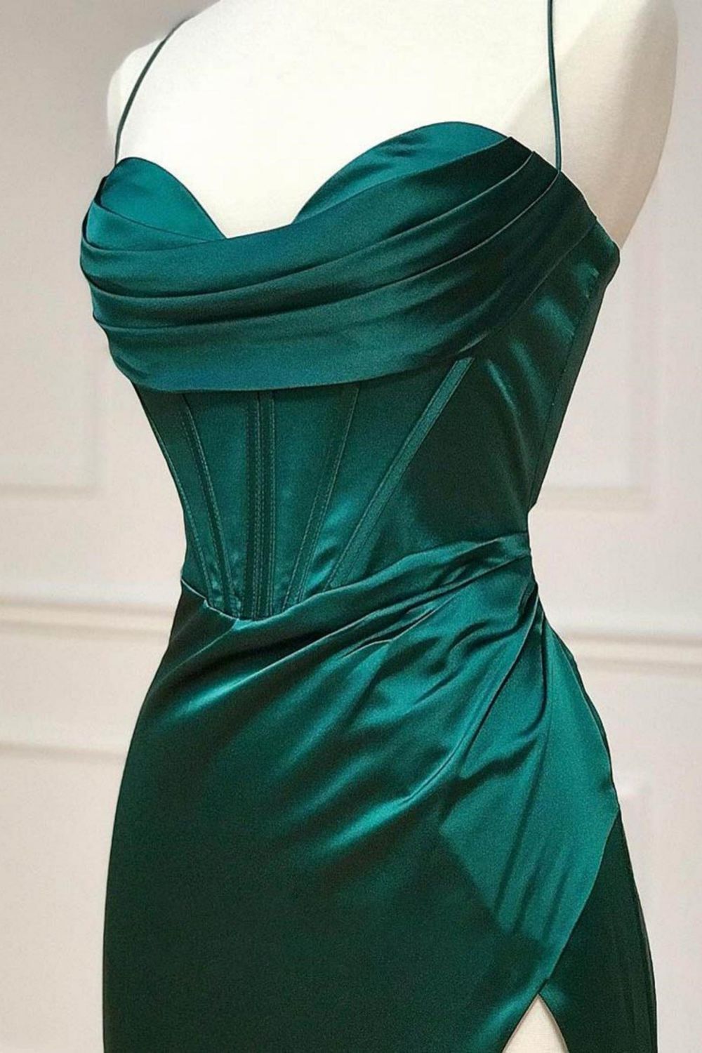 Satin Mermaid Spaghetti Straps Lace Up Dark Green Long Prom Dress With Split - View 3 | VelvetHem