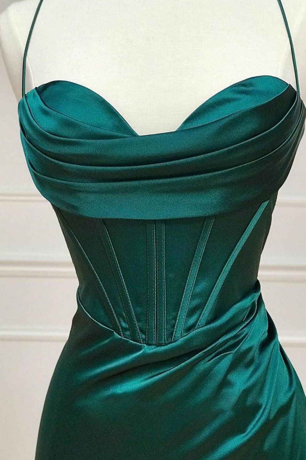 Satin Mermaid Spaghetti Straps Lace Up Dark Green Long Prom Dress With Split - View 5 | VelvetHem