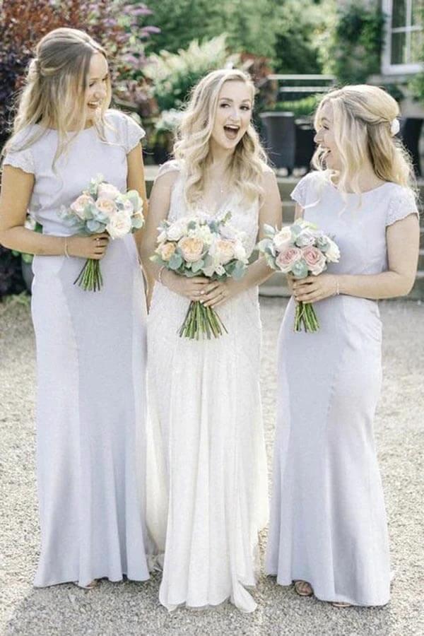 Satin Sheath Bateau Neck Cap Sleeves Lace Bridesmaid Dresses (ZD12824) - VelvetHem