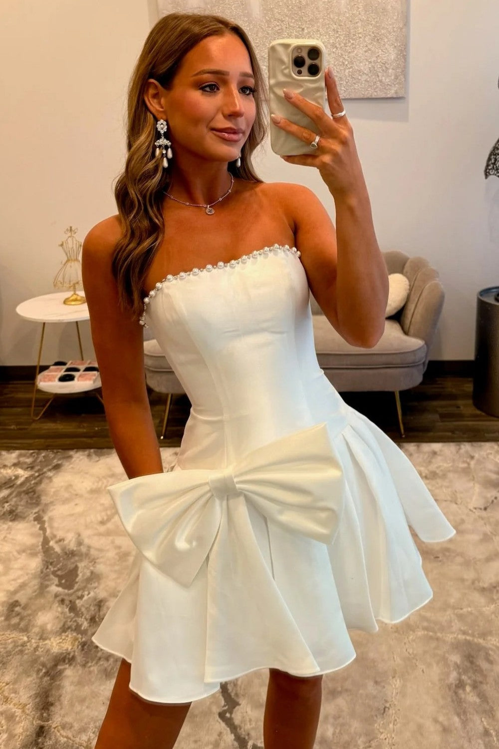 Cute A Line Strapless Light Green Short Homecoming Dress with Pearls Bowknot