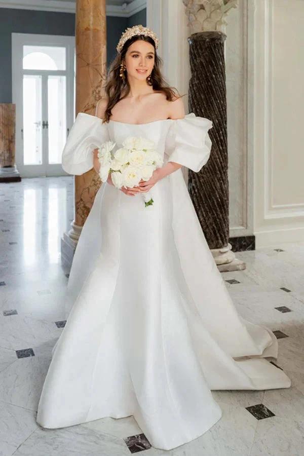 Satin Mermaid Off Shoulder Puff Sleeves Wedding Dress (ZD16071) - VelvetHem