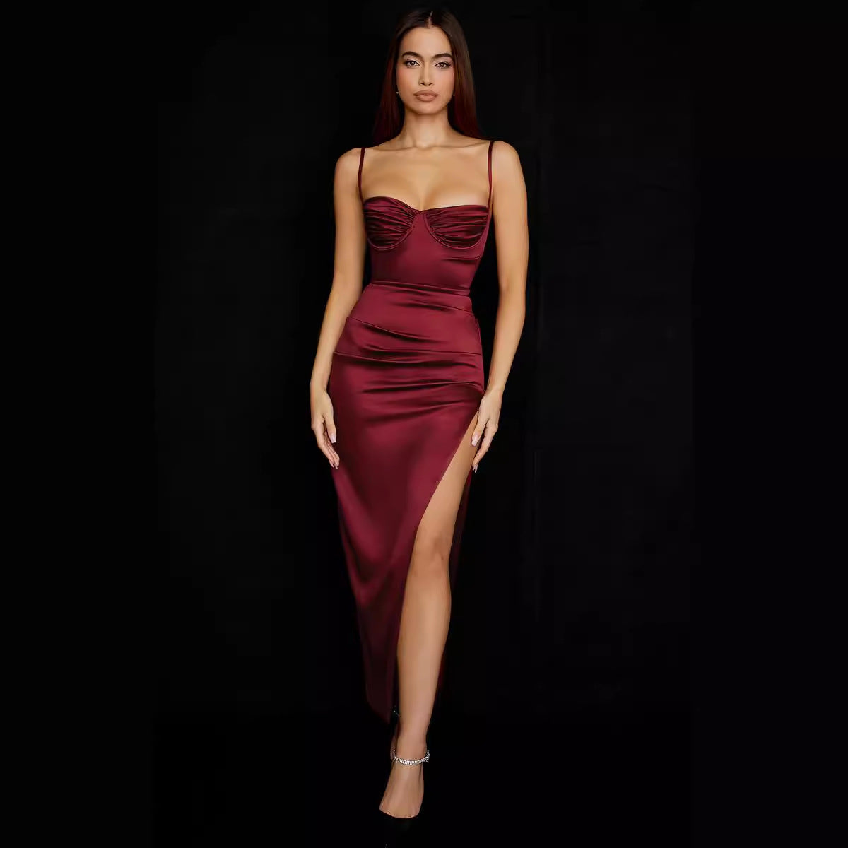 Satin Sling Dress Frill Split Thigh Tight Satin Dress