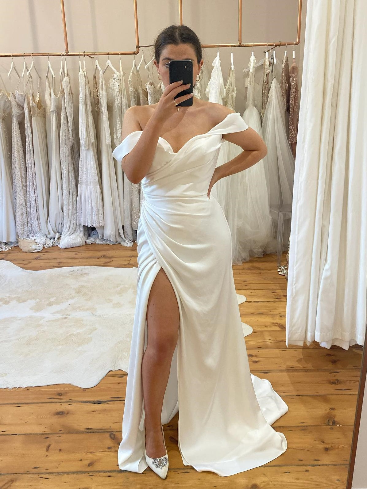 Off-The-Shoulder Draped Ruched Satin Sheath Bridal Gown With High Slit - VelvetHem