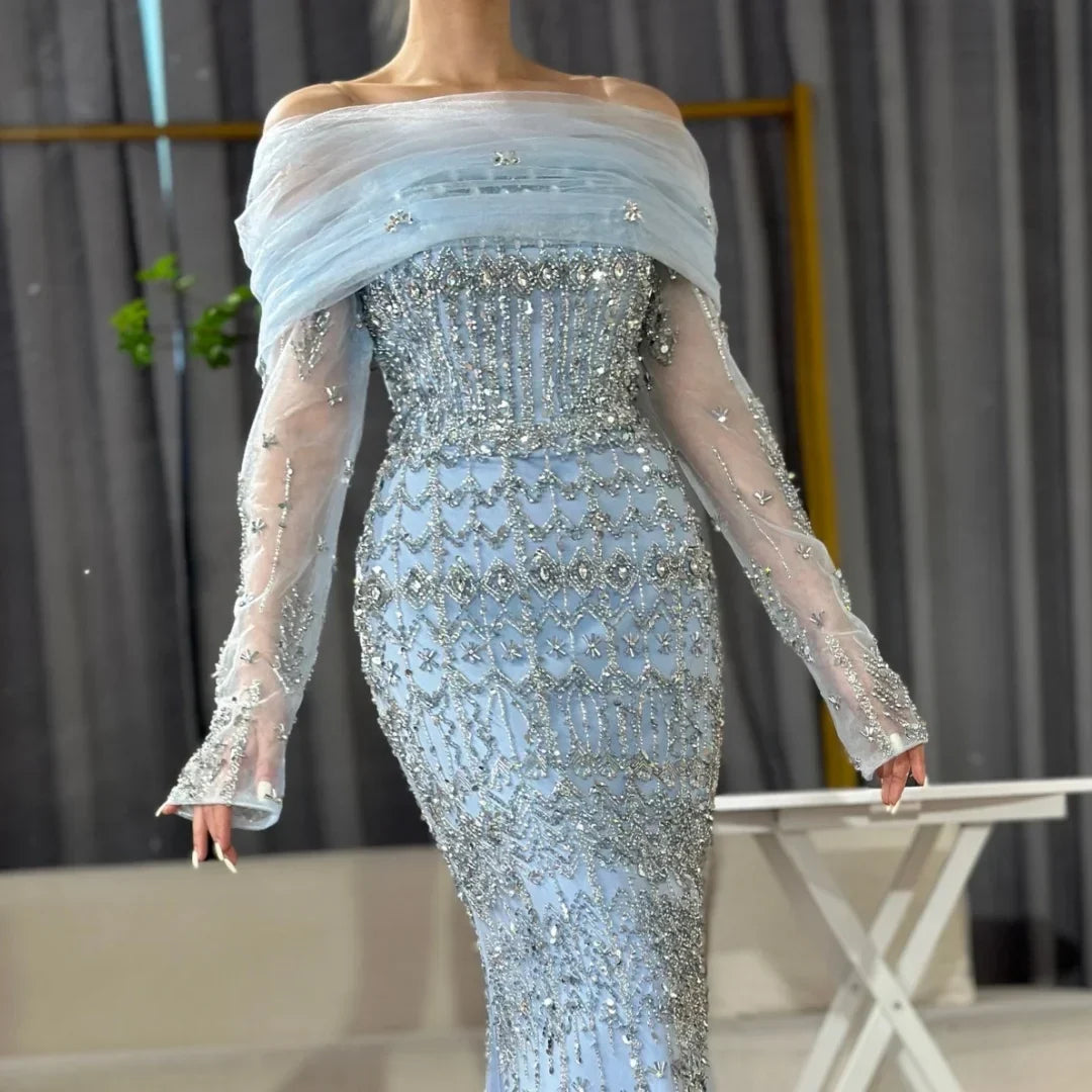 Zapdress Blue Mermaid Beaded Evening Dresses with Detachable Sleeves Elegant Party Gowns for Women DLA72714 Customized (ZD17361) - VelvetHem