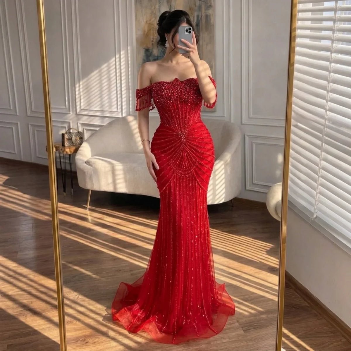 Zapdress Red Mermaid Beaded Pearl Off-Shoulder Evening Gown 2026 High End Couture Party Dress for Women Customized DLA73148A (ZD17309) - VelvetHem