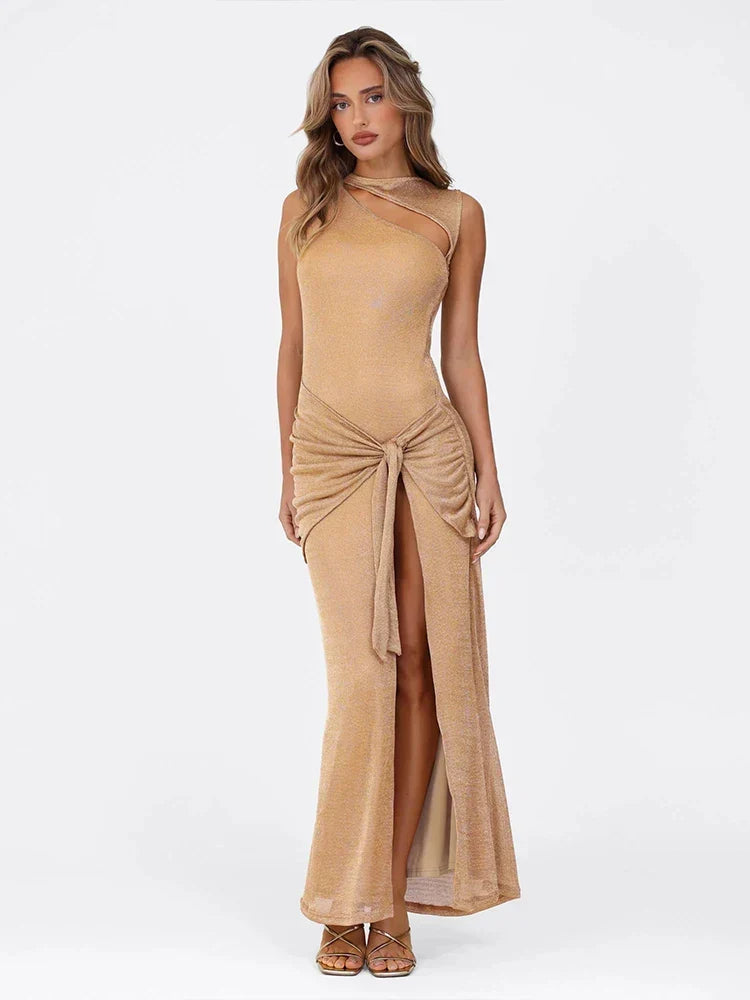Silk Hollow Knot Slit Midi Dress - VelvetHem