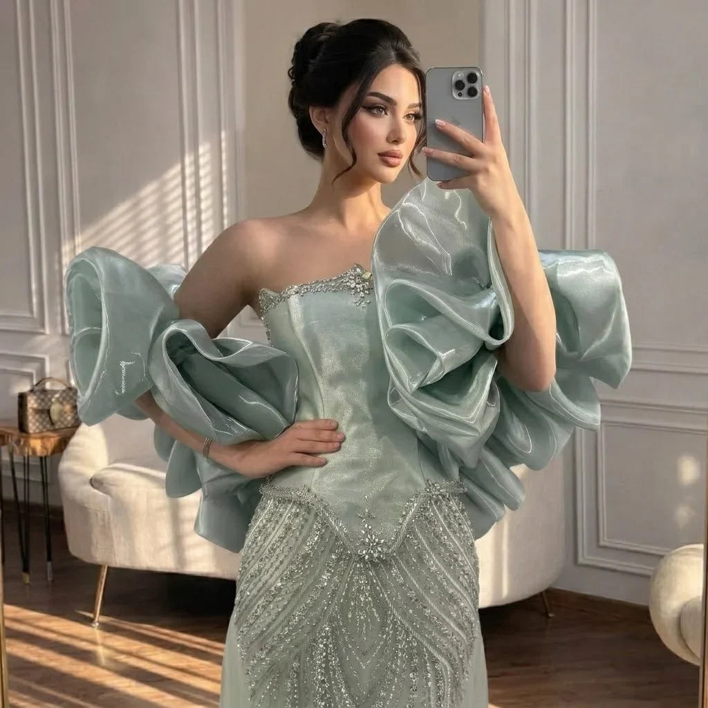 Zapdress Luxury Sage Green Mermaid Evening Dress with Cape 2026 Elegant Beaded Party Gowns for Women DLA73201 Customized (ZD17322) - VelvetHem