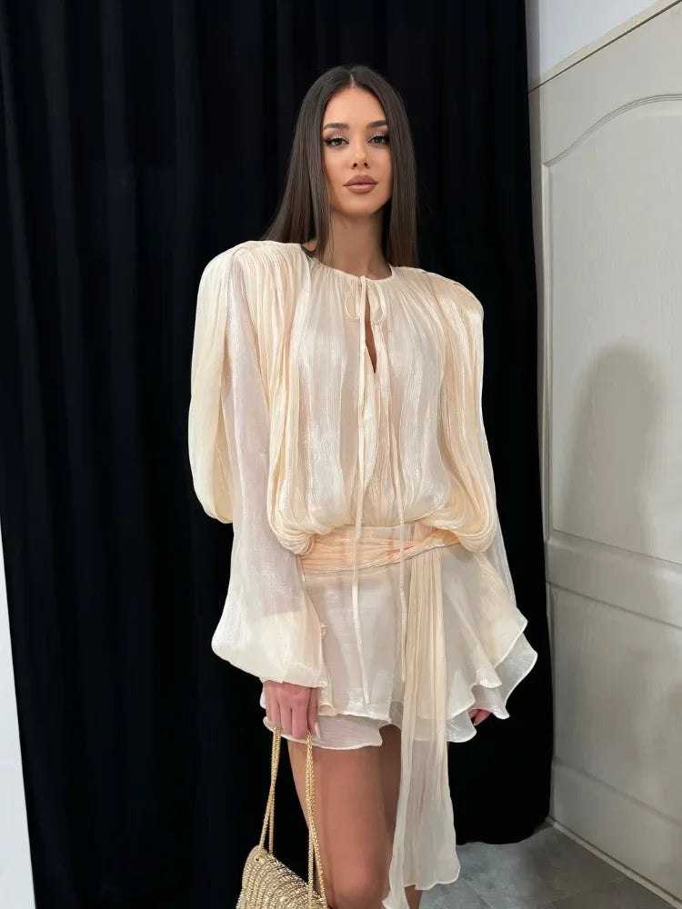 Shiny Pleated Full Sleeve Round Neck Lace Up Work Dress - VelvetHem