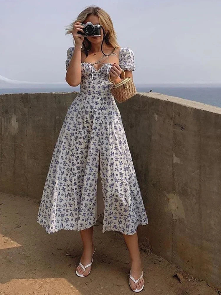Puff Sleeve High Waist Swing Floral Dress - VelvetHem