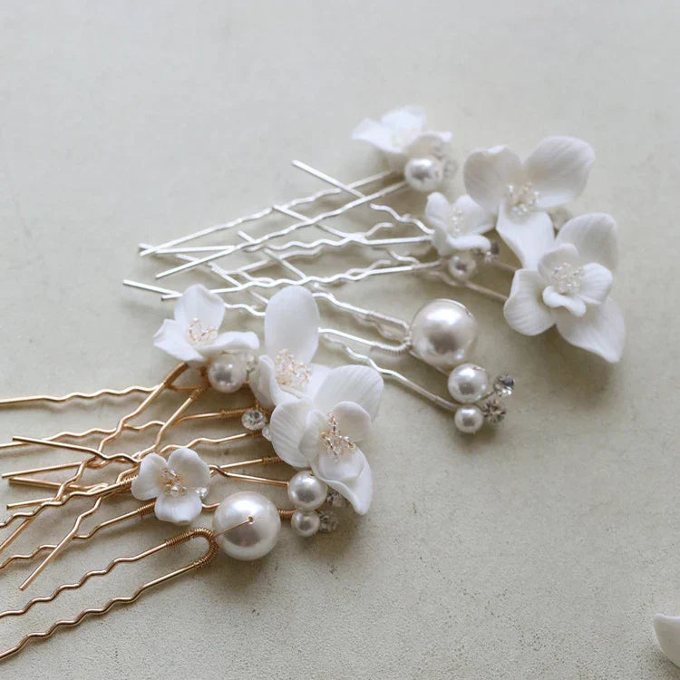 Porcelain Flower Hairpin Gold Silver Color Hair Pin Clip Women Bride Crystal Pearl Head Piece Bridal Jewelry Wedding Accessories