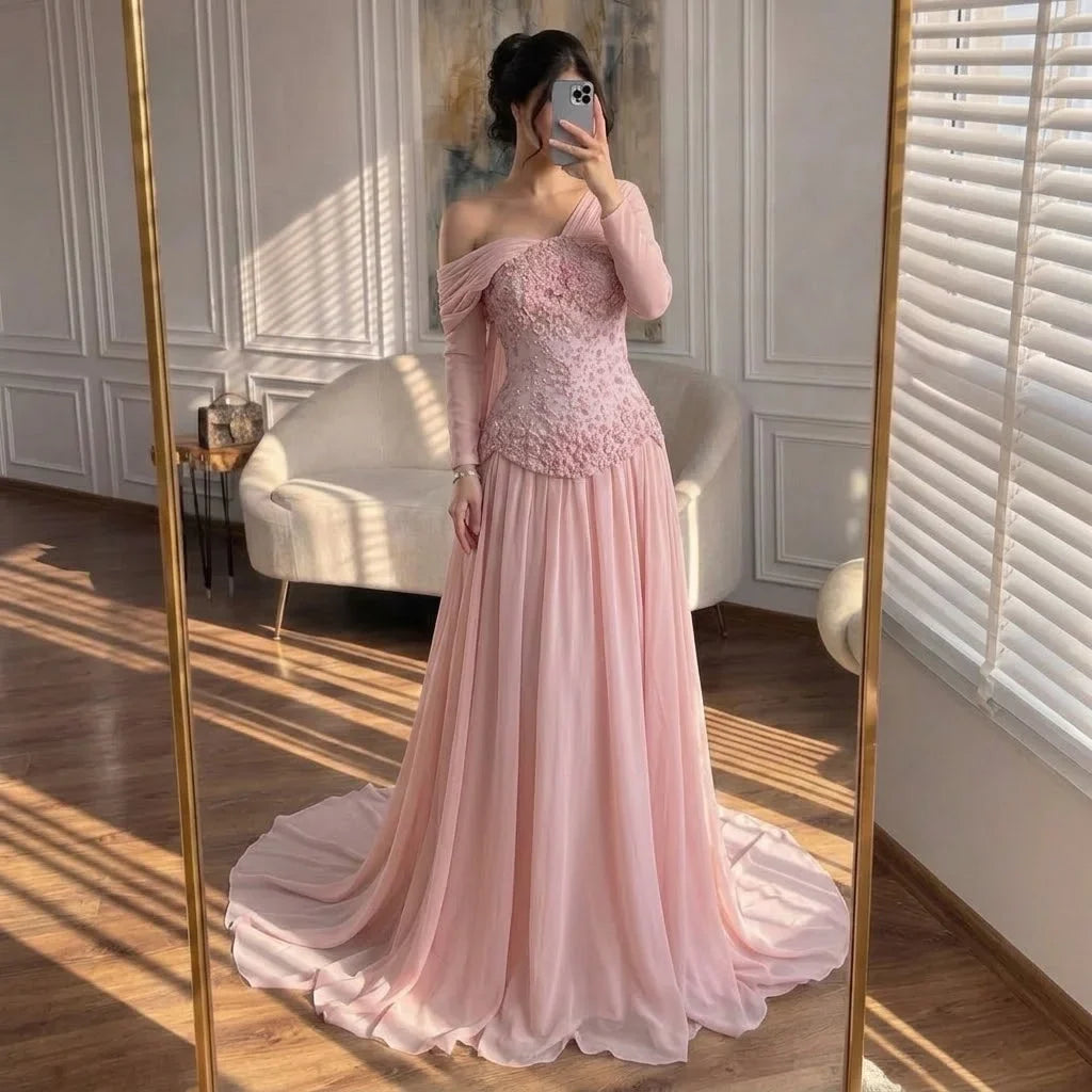 Zapdress Pink Chiffon Evening Dress 2026 Elegant Off-Shoulder Formal Party Gowns with Cape at the Back Customized (ZD17254)