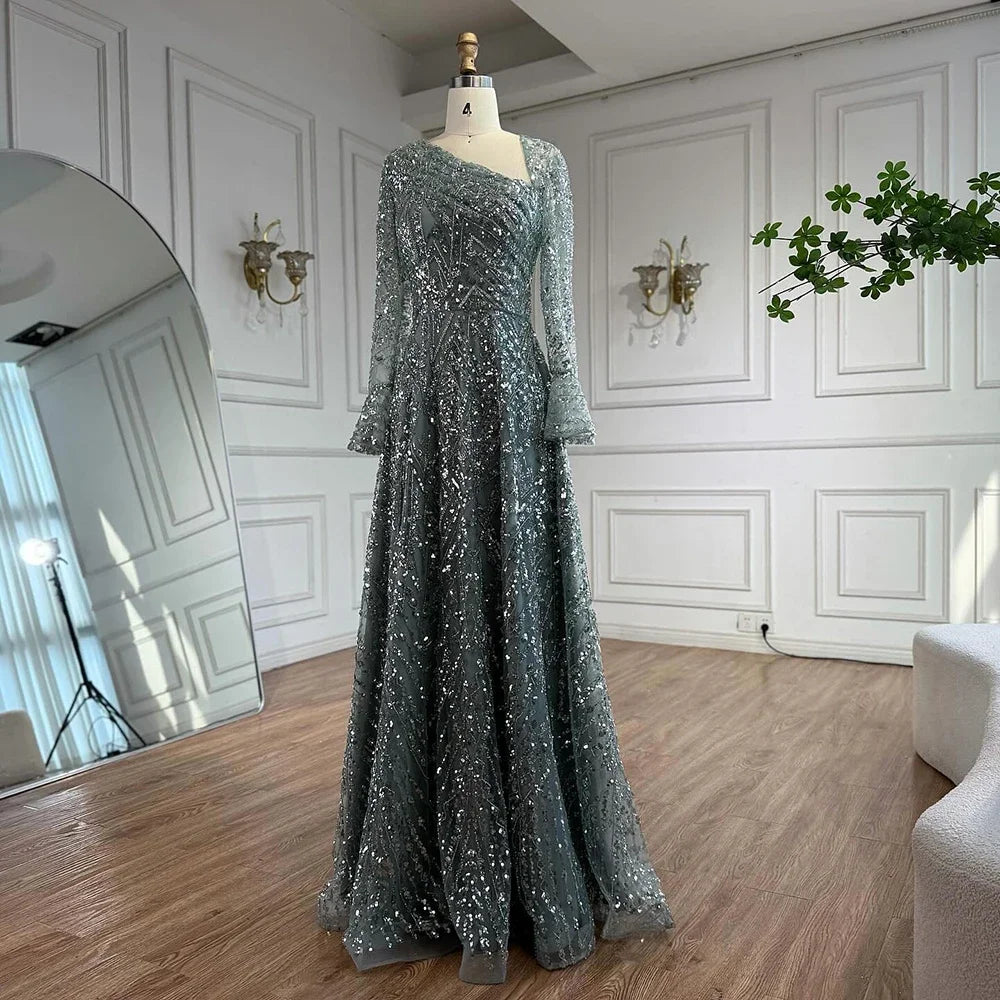 Zapdress Turquoise Long Sleeves A Line Pearls Beaded Evening Dresses Elegant Party Gowns for Women DLA73177 Customized (ZD17208)