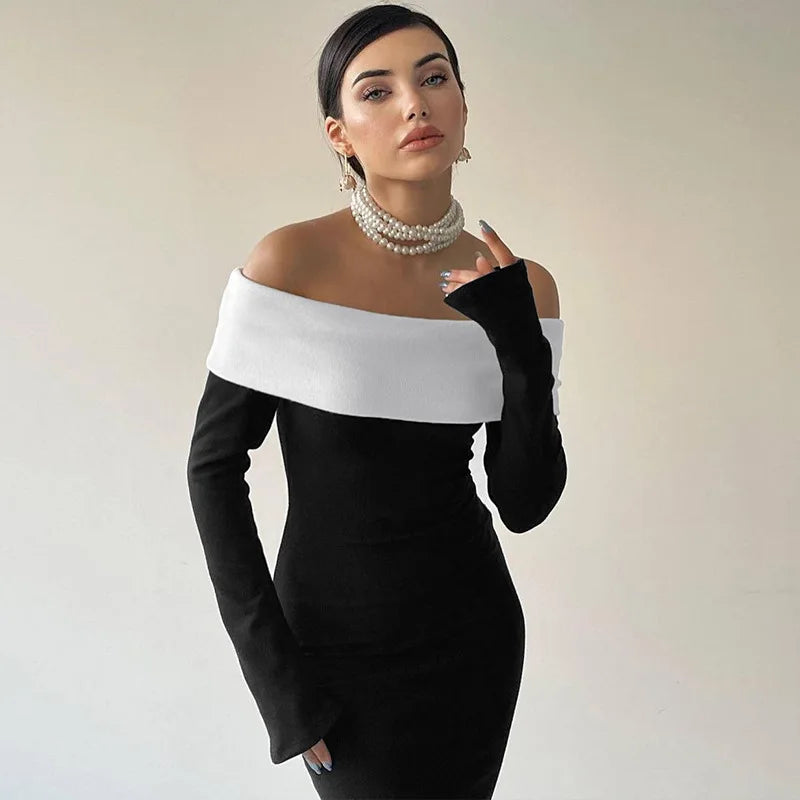Black & White Off - the - Shoulder Maxi Dress with Long Sleeves