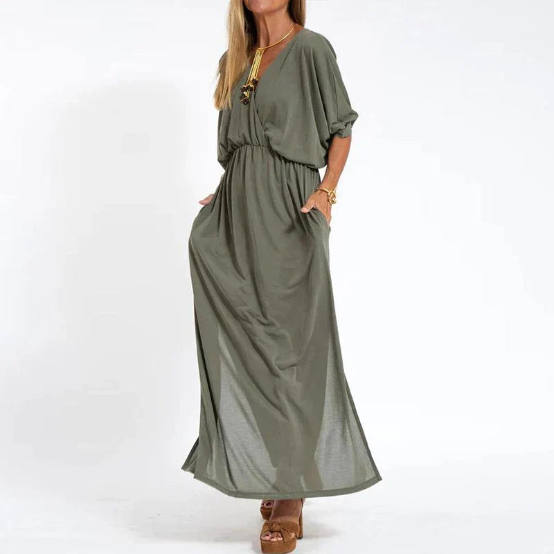 Guadalupe Exclusive Long Vintage Dress with Side Slit and High Waist Hen Chic Silhouette Collection
